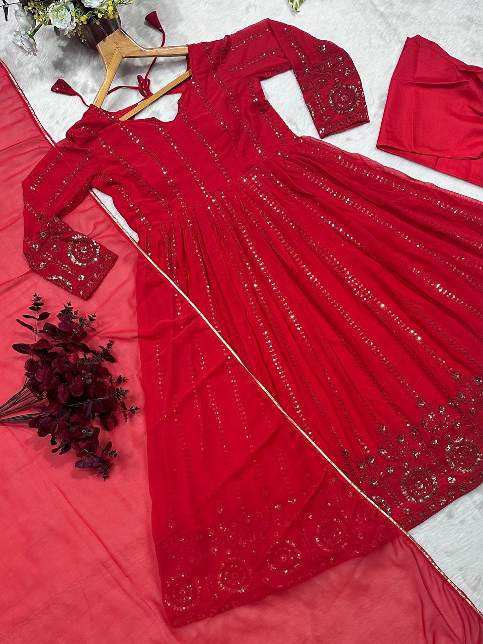 Red Color Embroidery Work Wonderful Anarkali Gown
