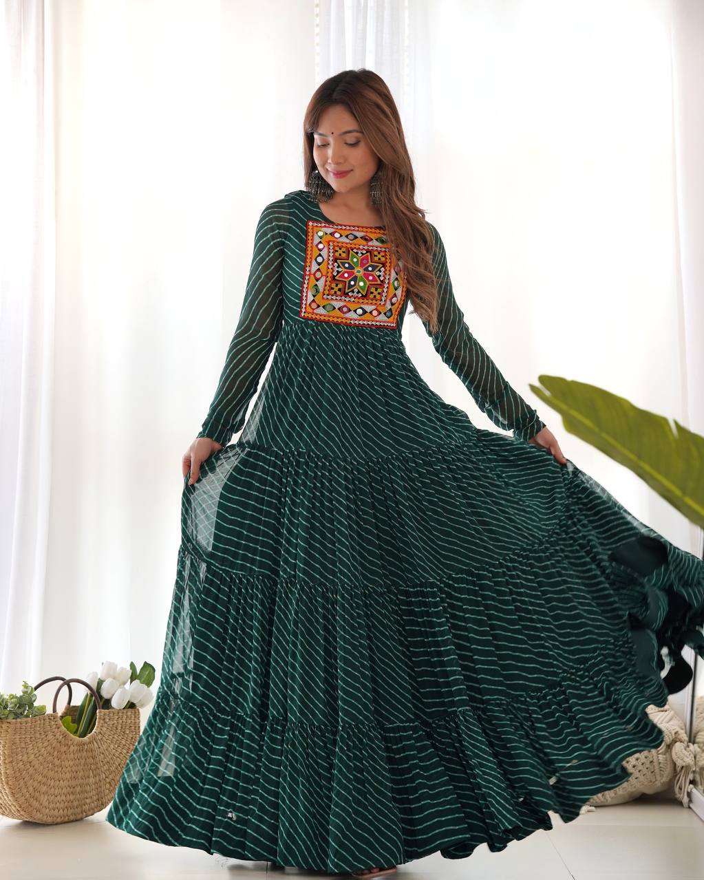 Full Flair Bottle Green Color Garba Special Beautiful Gown