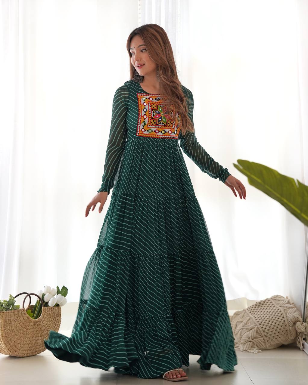 Full Flair Bottle Green Color Garba Special Beautiful Gown