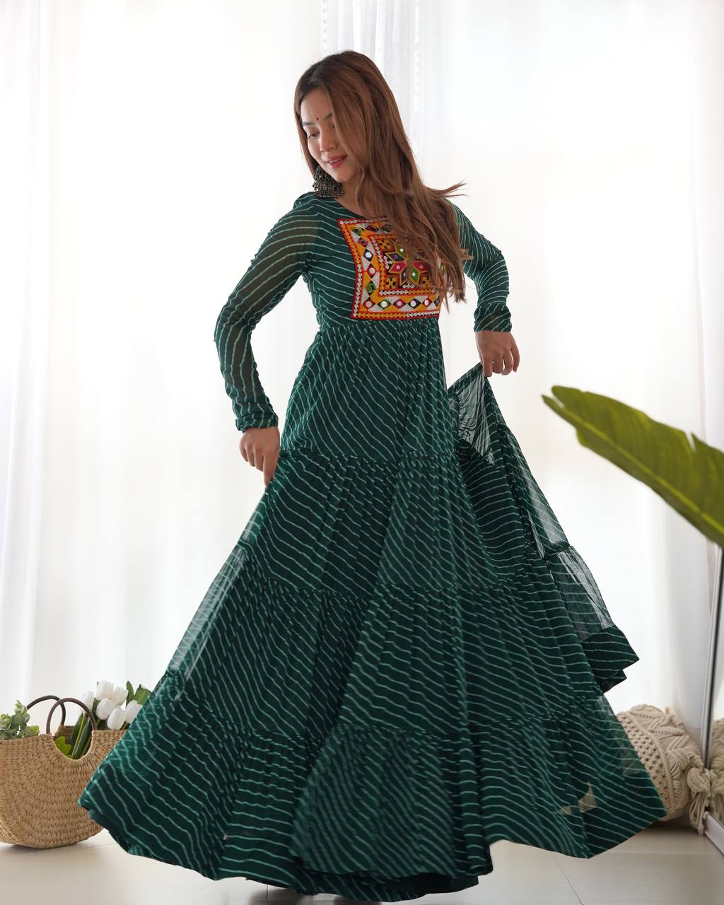 Full Flair Bottle Green Color Garba Special Beautiful Gown
