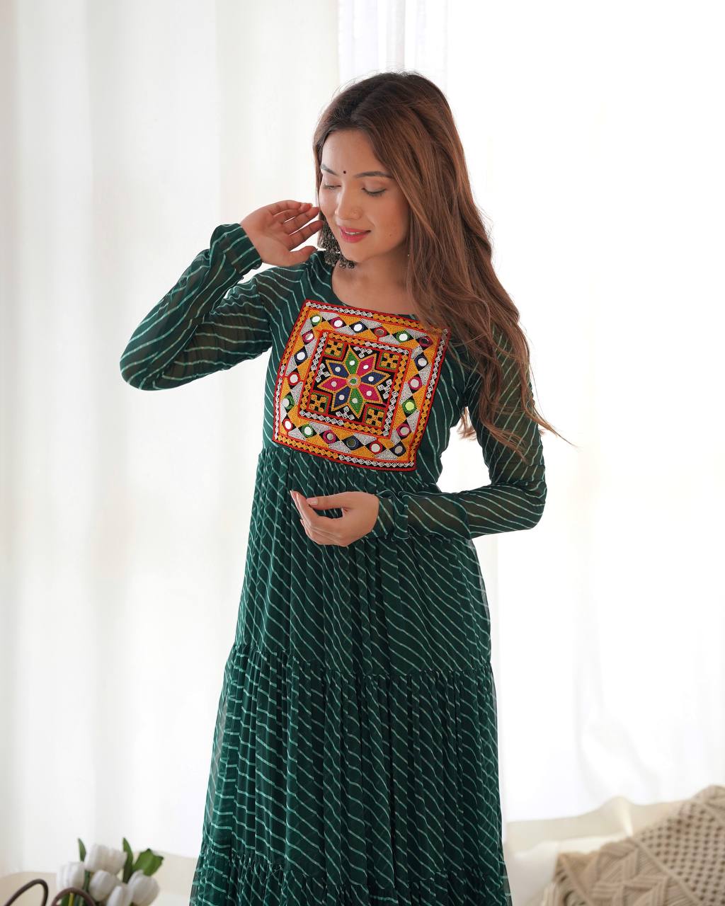 Full Flair Bottle Green Color Garba Special Beautiful Gown