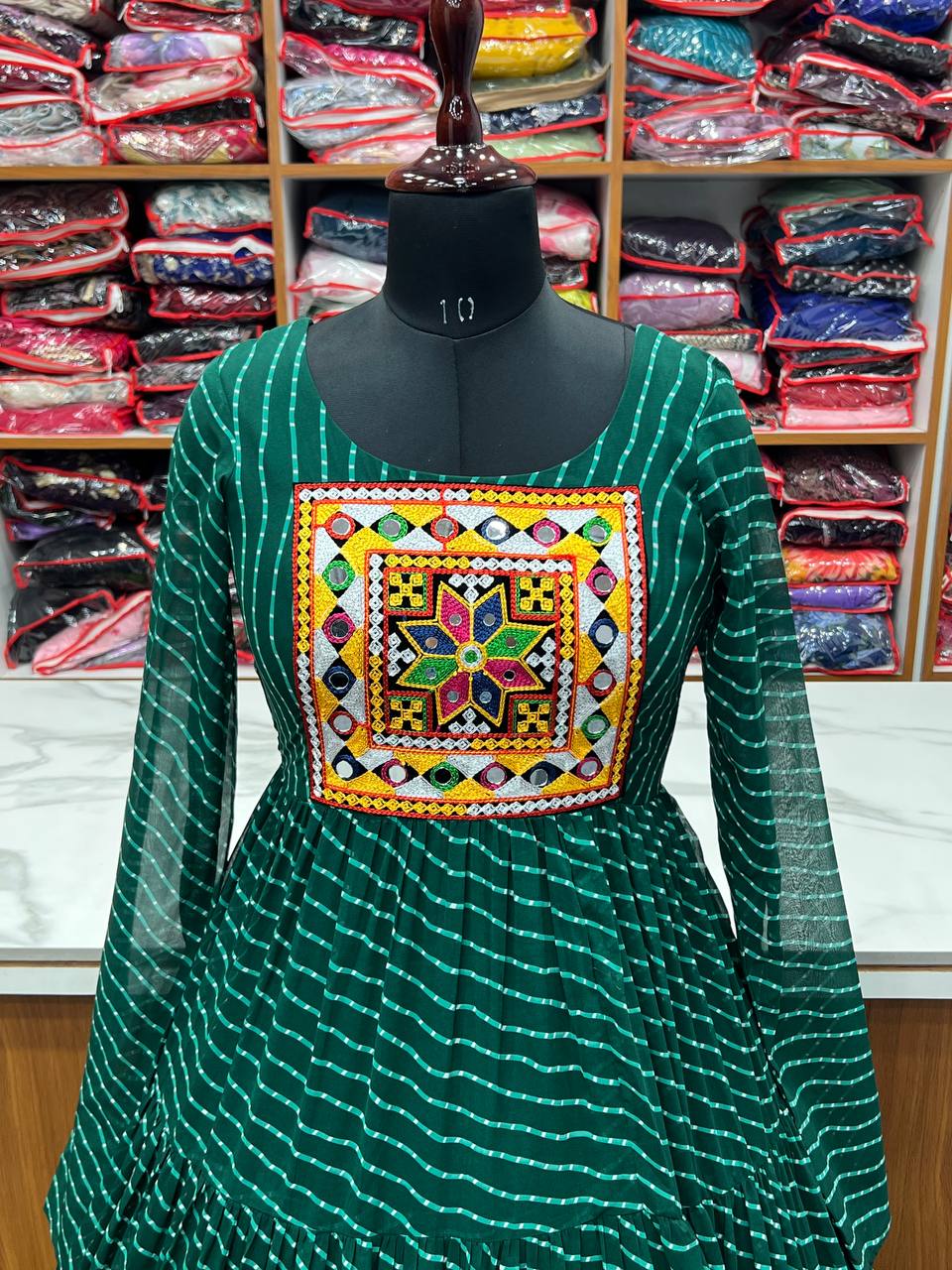Full Flair Bottle Green Color Garba Special Beautiful Gown