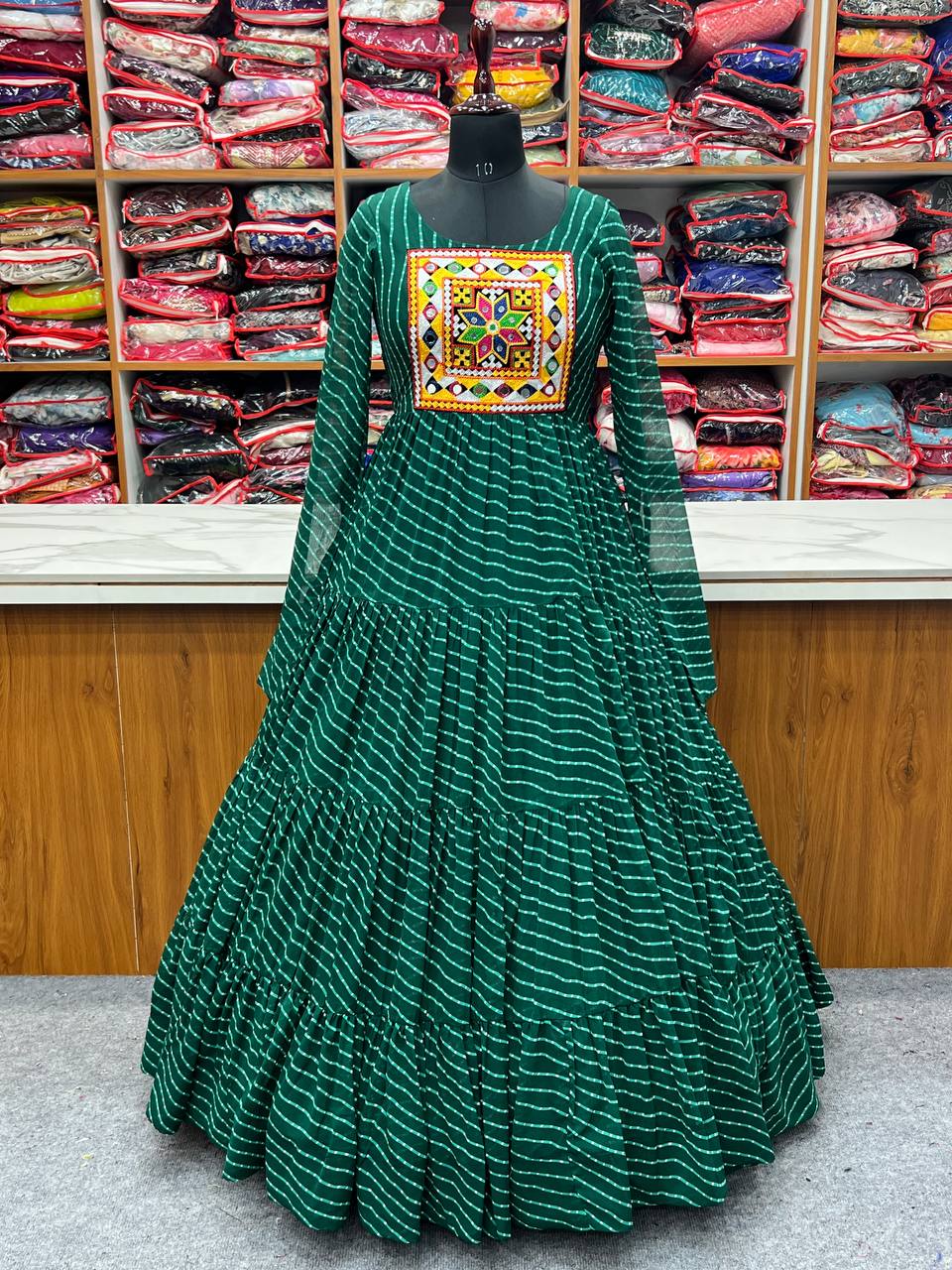 Full Flair Bottle Green Color Garba Special Beautiful Gown
