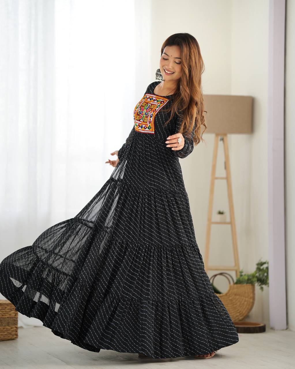 Full Flair Black Color Garba Special Beautiful Gown