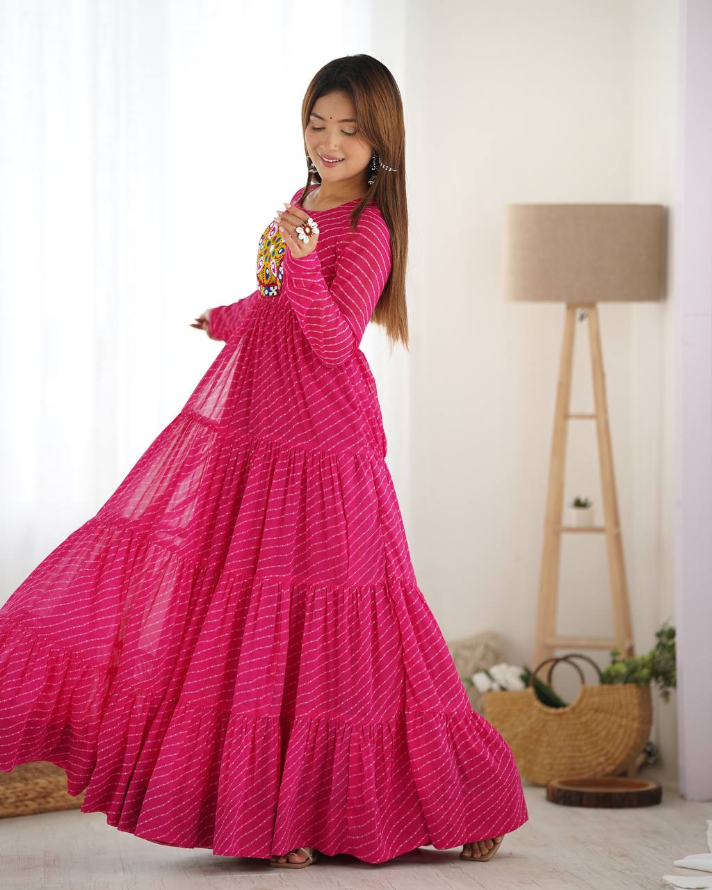 Full Flair Rani Pink Color Garba Special Beautiful Gown
