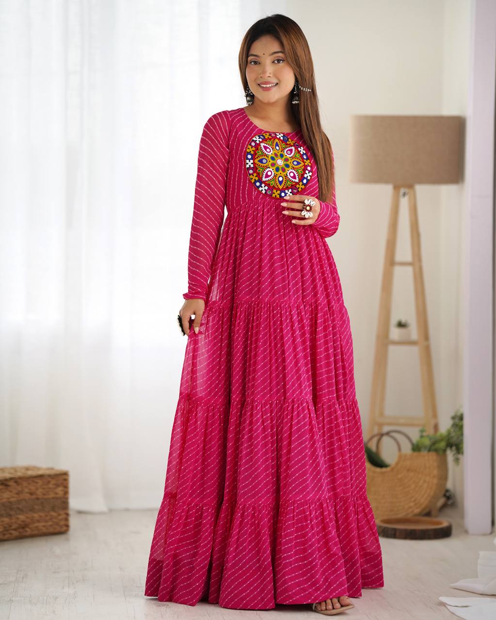 Full Flair Rani Pink Color Garba Special Beautiful Gown