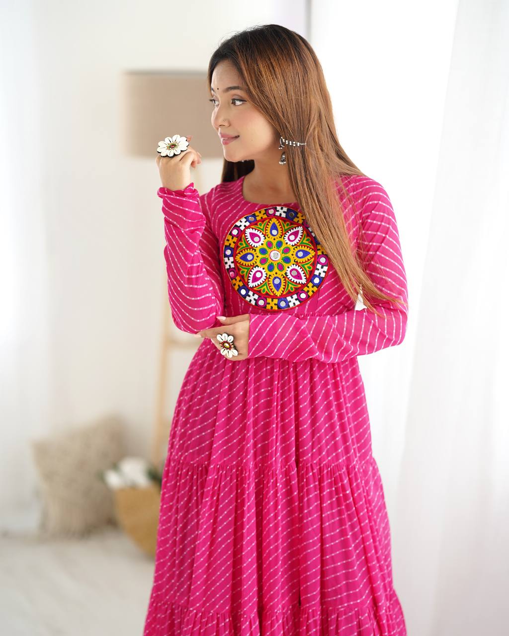 Full Flair Rani Pink Color Garba Special Beautiful Gown
