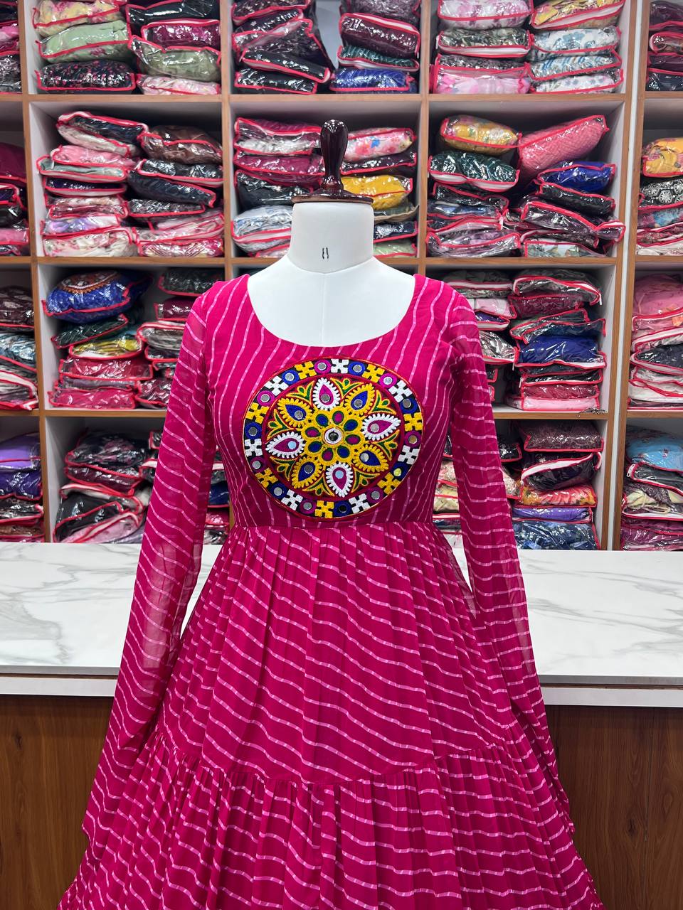 Full Flair Rani Pink Color Garba Special Beautiful Gown