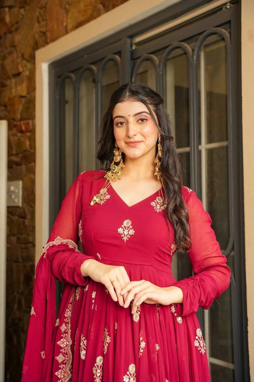 Embroidery With Sequence Work Red Color Gown