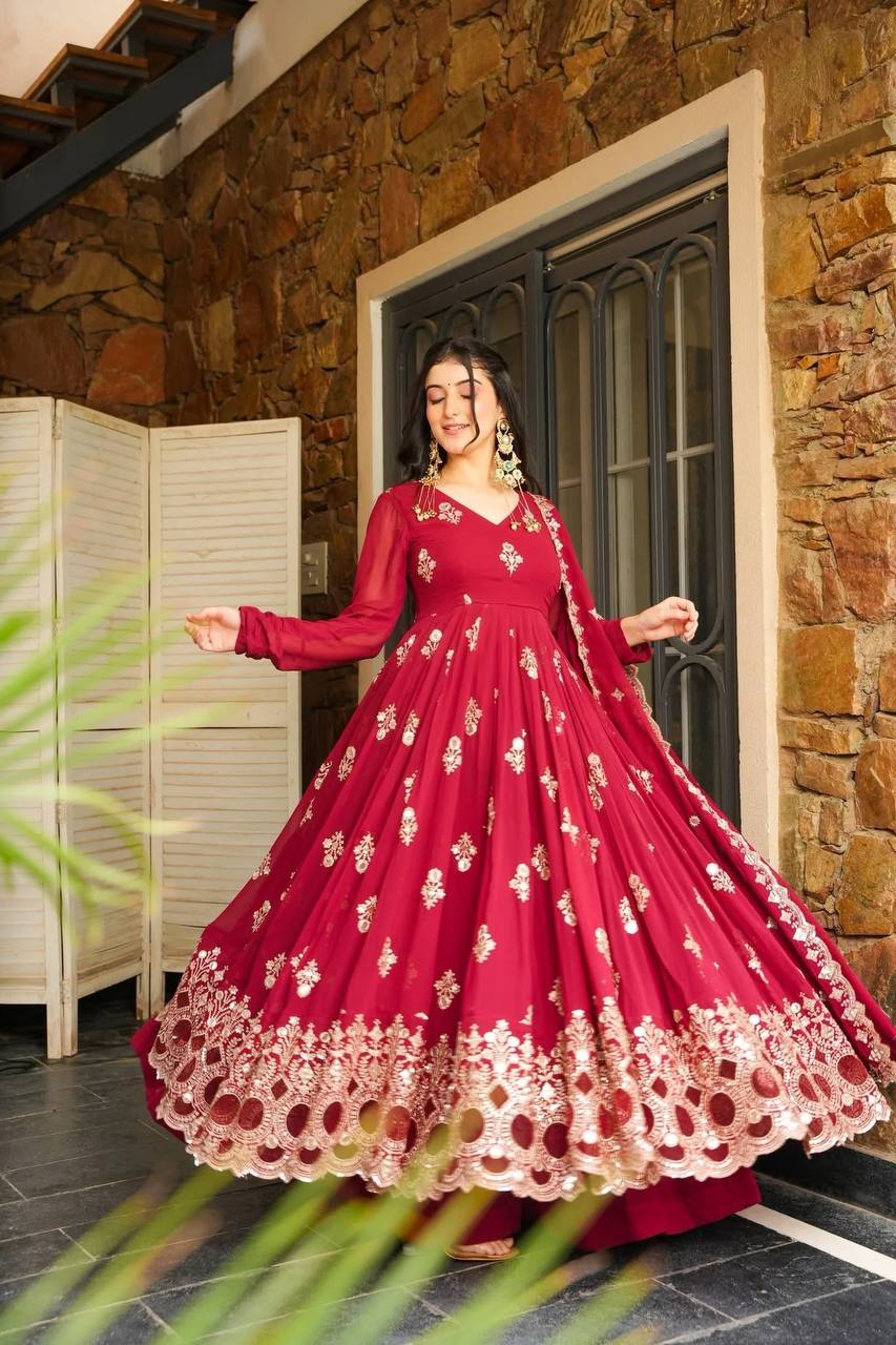 Embroidery With Sequence Work Red Color Gown