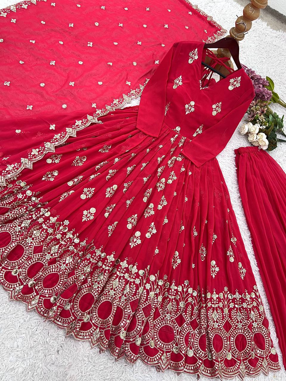 Embroidery With Sequence Work Red Color Gown