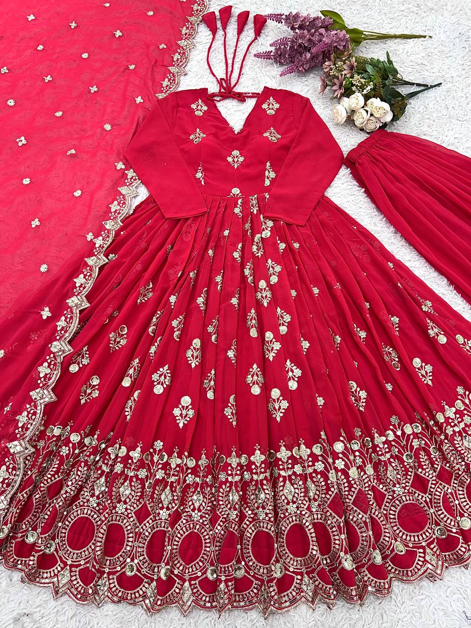 Embroidery With Sequence Work Red Color Gown