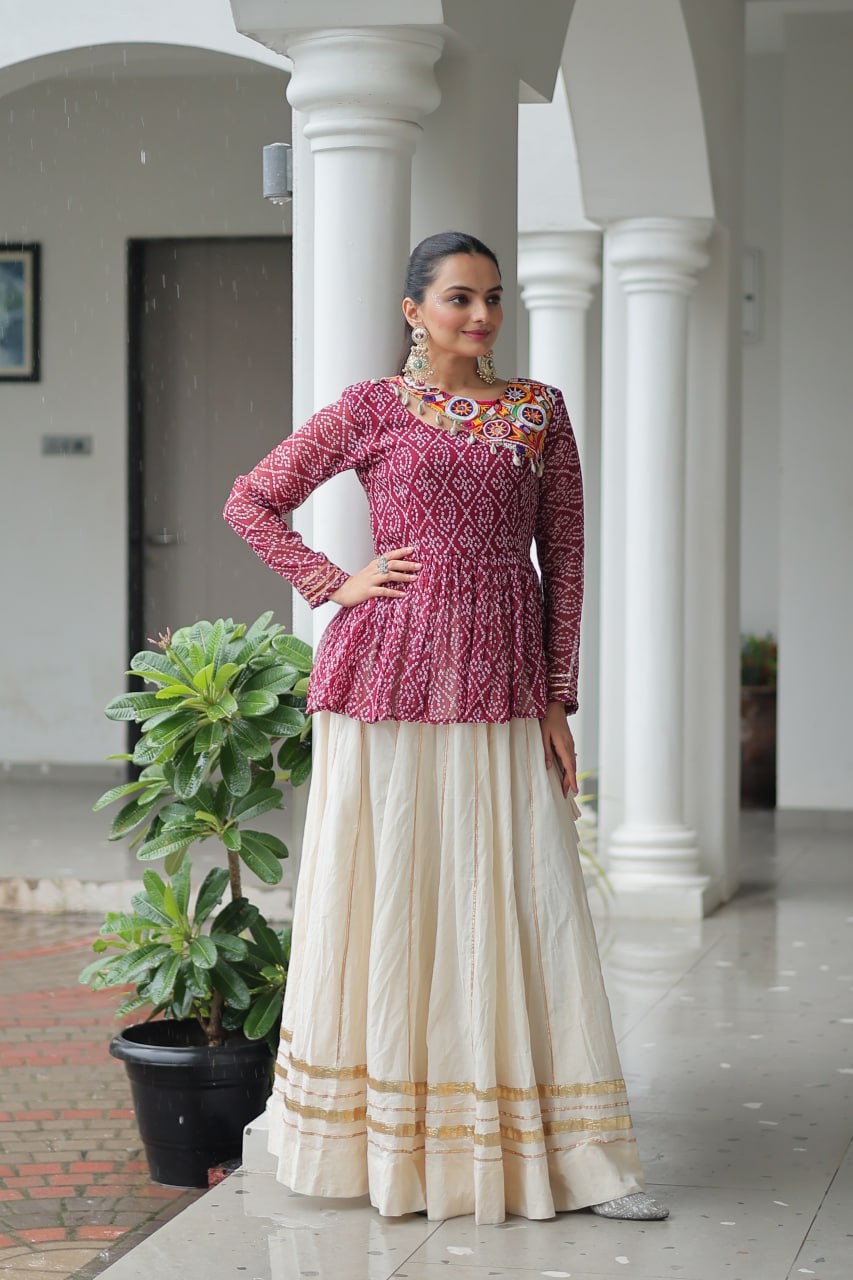 Red Color Bandhani Printed Top With Lehenga For Navratri