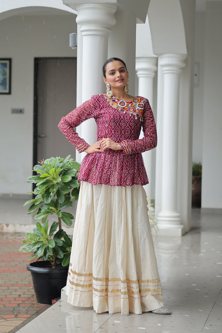 Red Color Bandhani Printed Top With Lehenga For Navratri