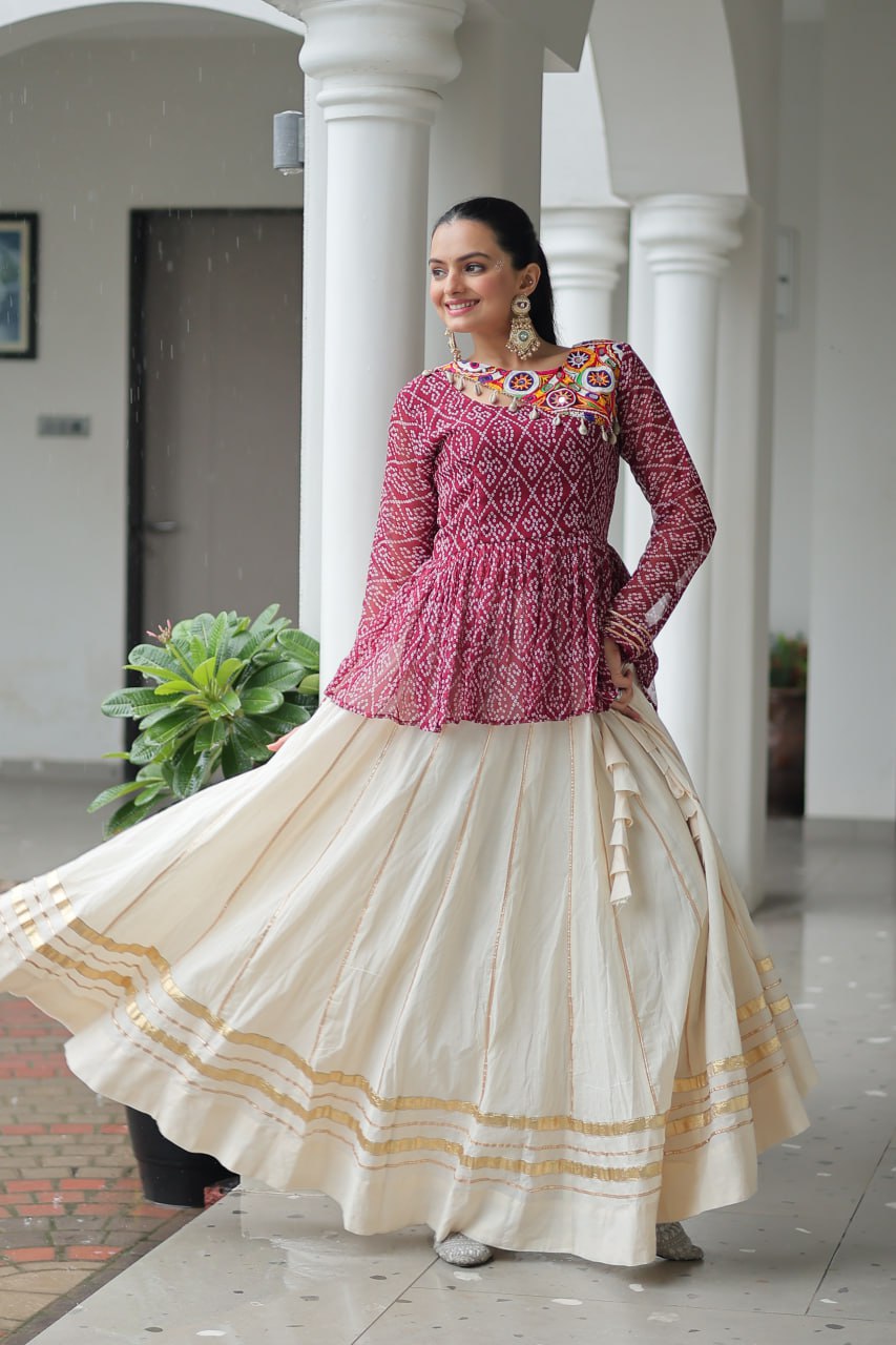 Red Color Bandhani Printed Top With Lehenga For Navratri