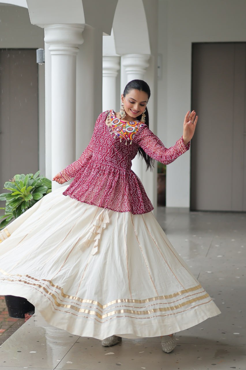 Red Color Bandhani Printed Top With Lehenga For Navratri