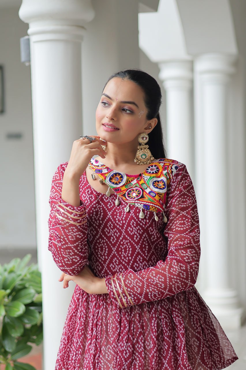 Red Color Bandhani Printed Top With Lehenga For Navratri