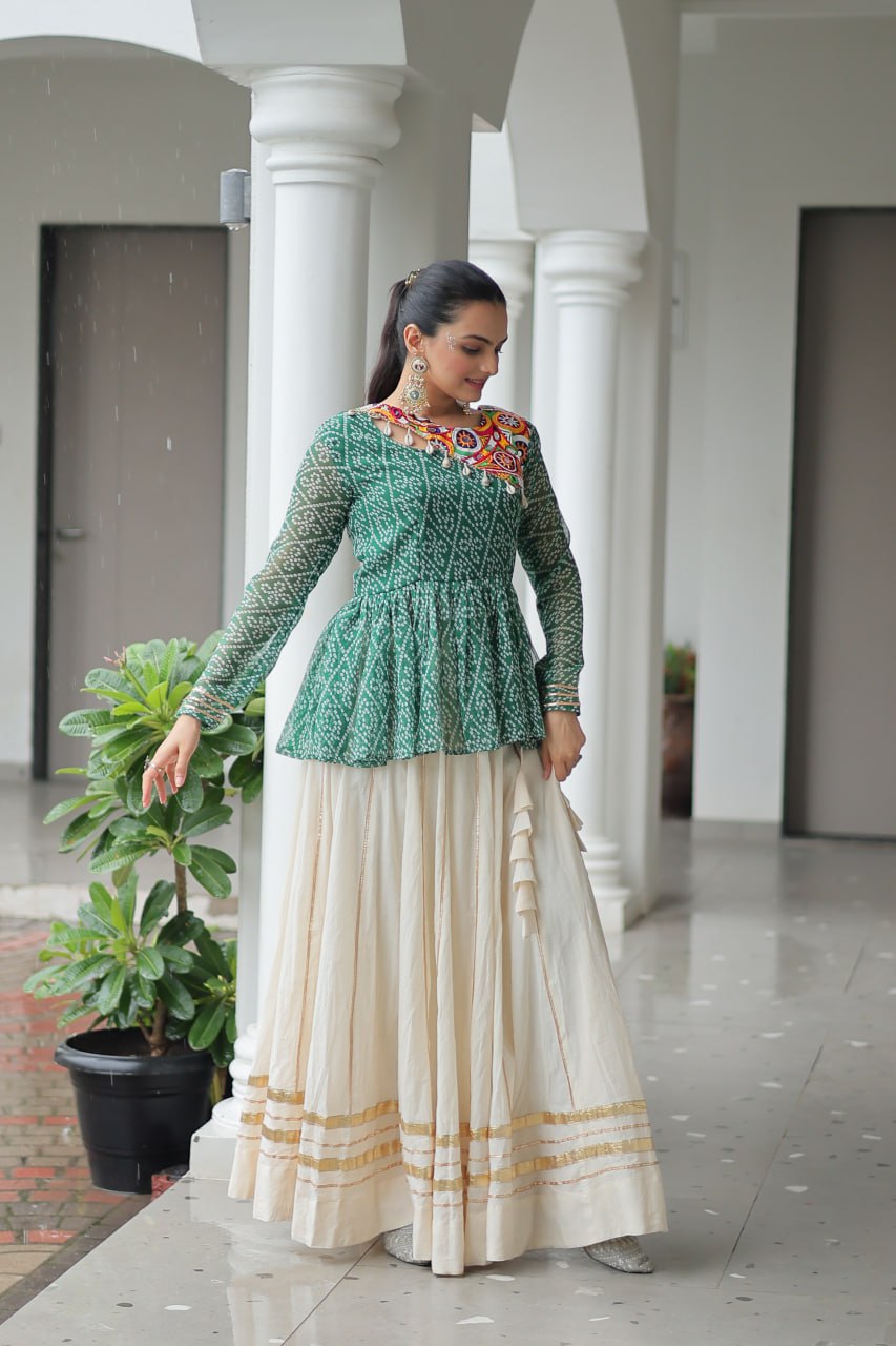 Green Color Bandhani Printed Top With Lehenga For Navratri