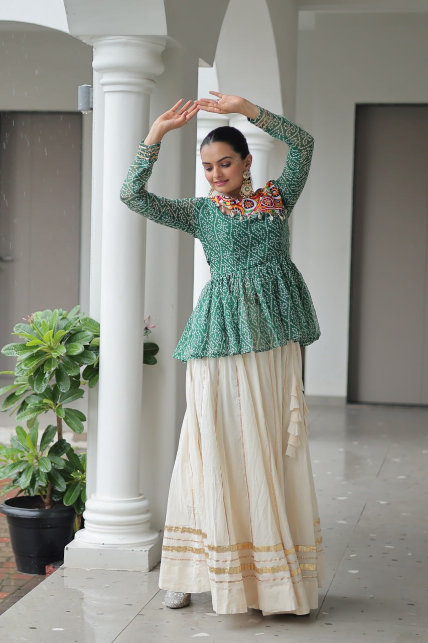 Green Color Bandhani Printed Top With Lehenga For Navratri