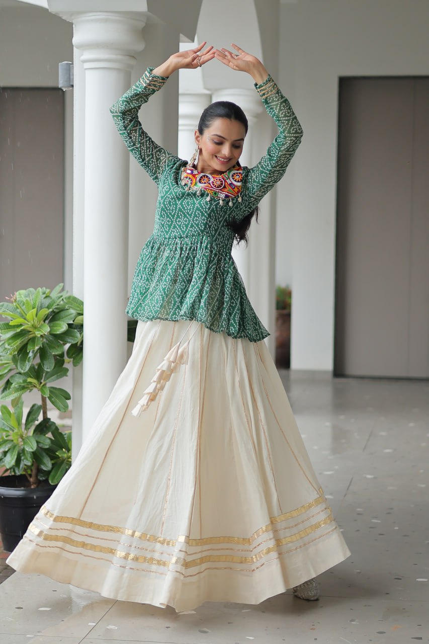Green Color Bandhani Printed Top With Lehenga For Navratri