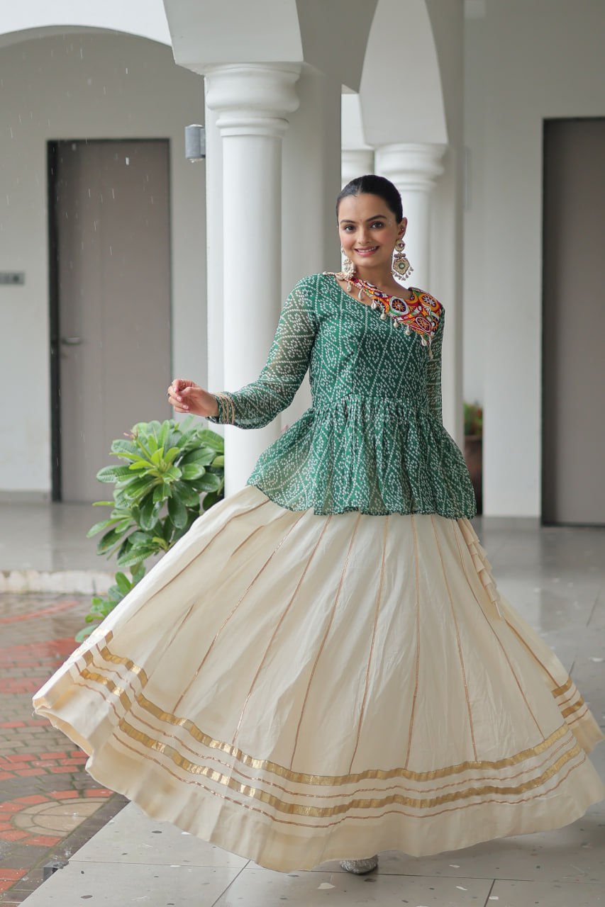 Green Color Bandhani Printed Top With Lehenga For Navratri