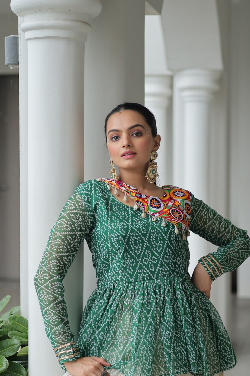 Green Color Bandhani Printed Top With Lehenga For Navratri