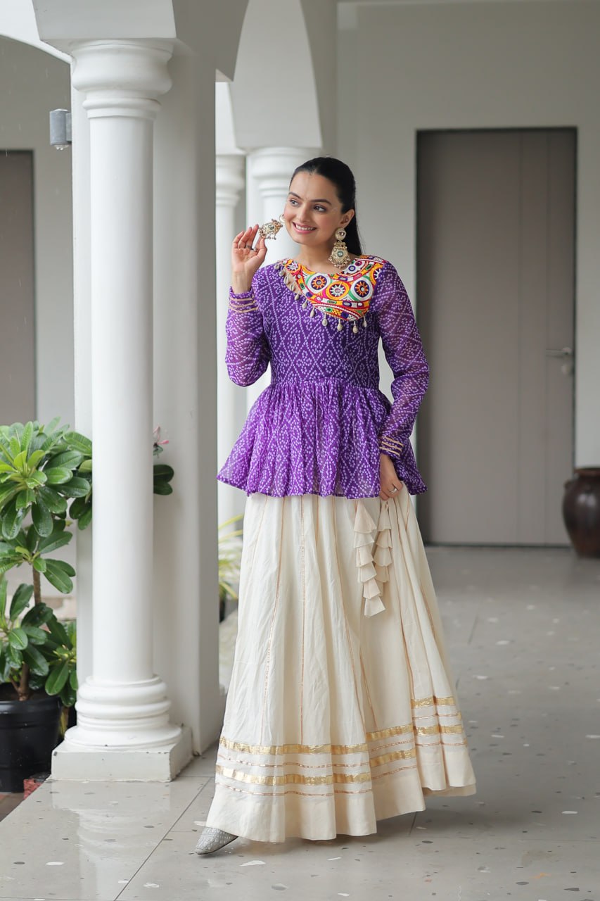 Purple Color Bandhani Printed Top With Lehenga For Navratri