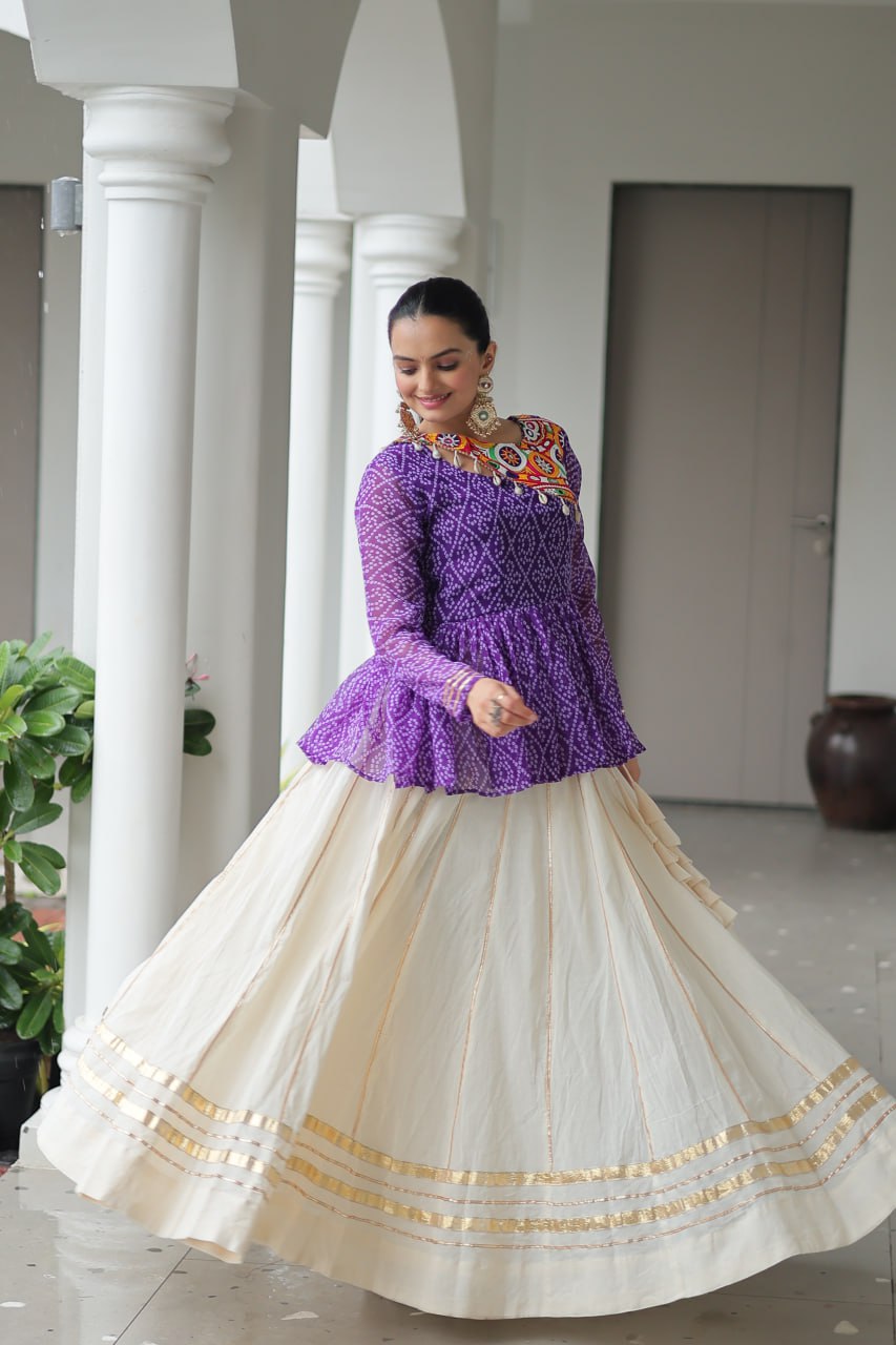 Purple Color Bandhani Printed Top With Lehenga For Navratri
