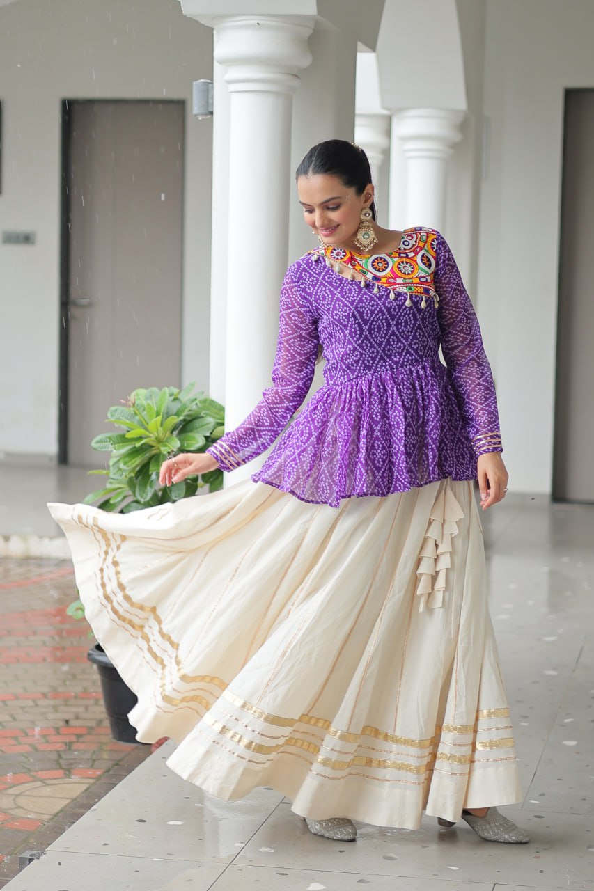 Purple Color Bandhani Printed Top With Lehenga For Navratri