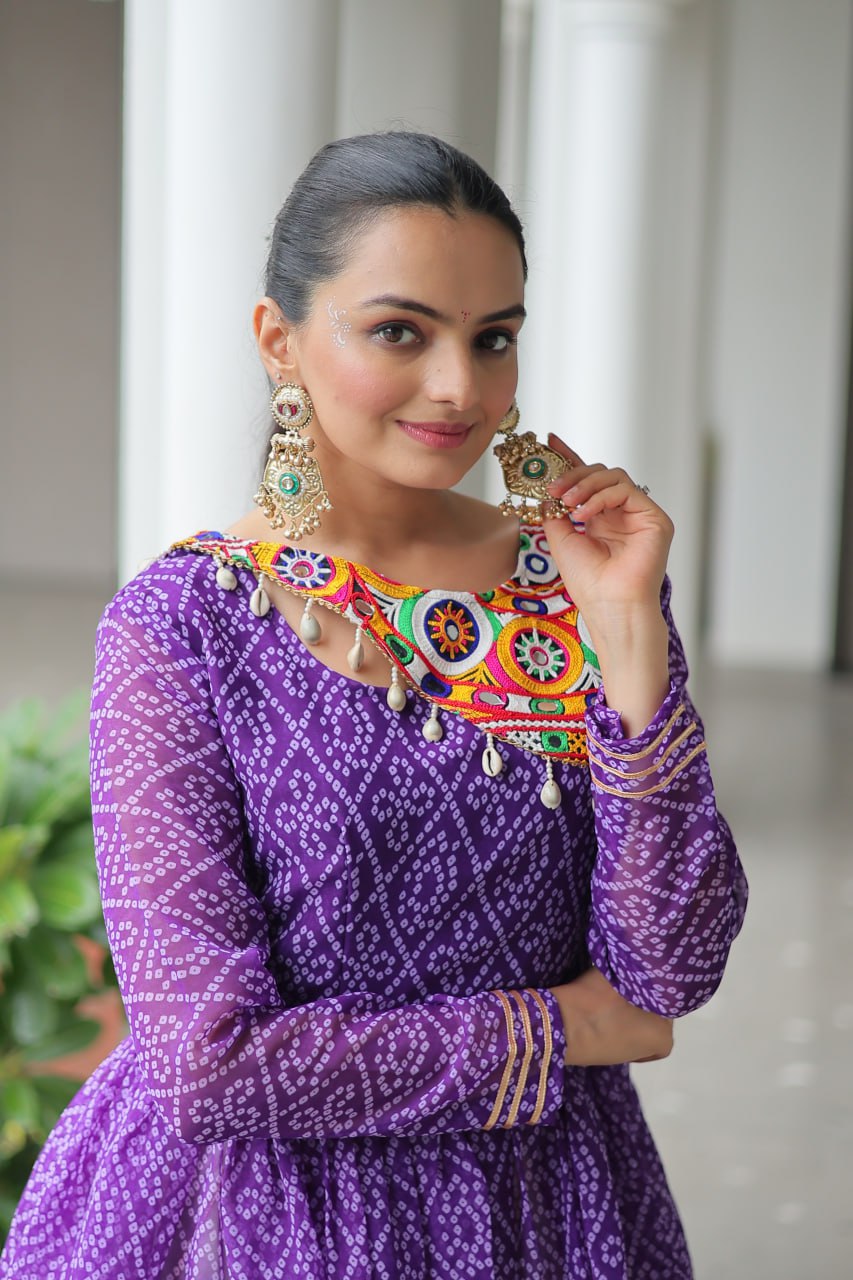 Purple Color Bandhani Printed Top With Lehenga For Navratri
