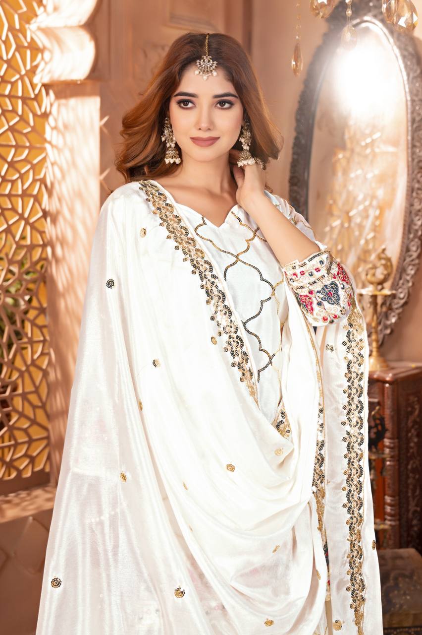 Full Sequence Work Heavy White Color Sharara Suit