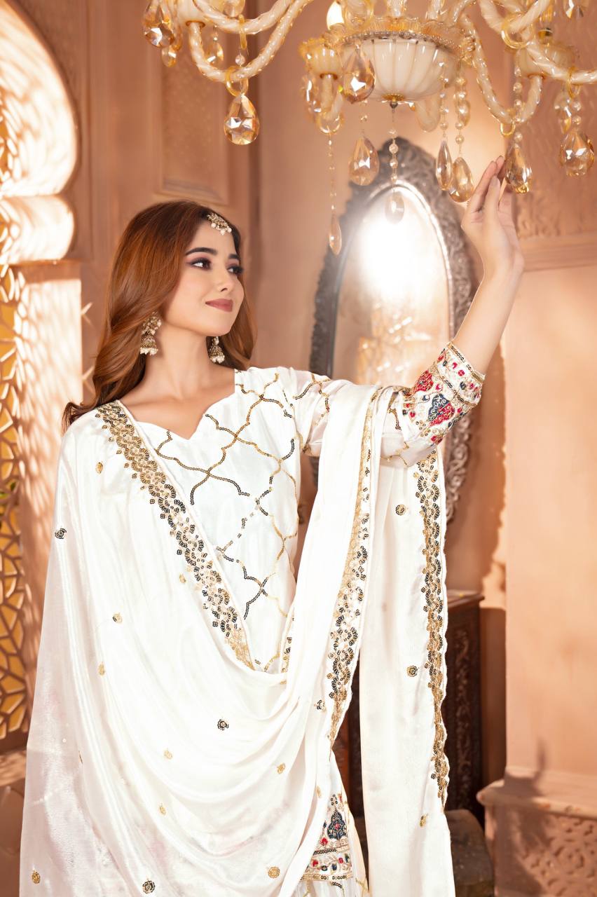 Full Sequence Work Heavy White Color Sharara Suit