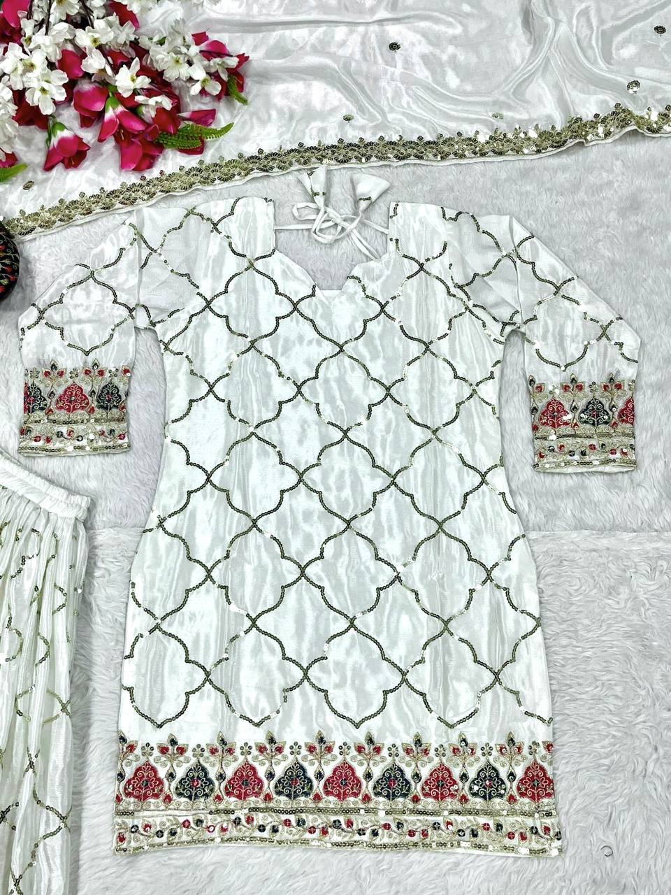 Full Sequence Work Heavy White Color Sharara Suit