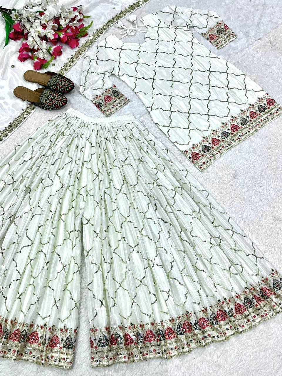 Full Sequence Work Heavy White Color Sharara Suit