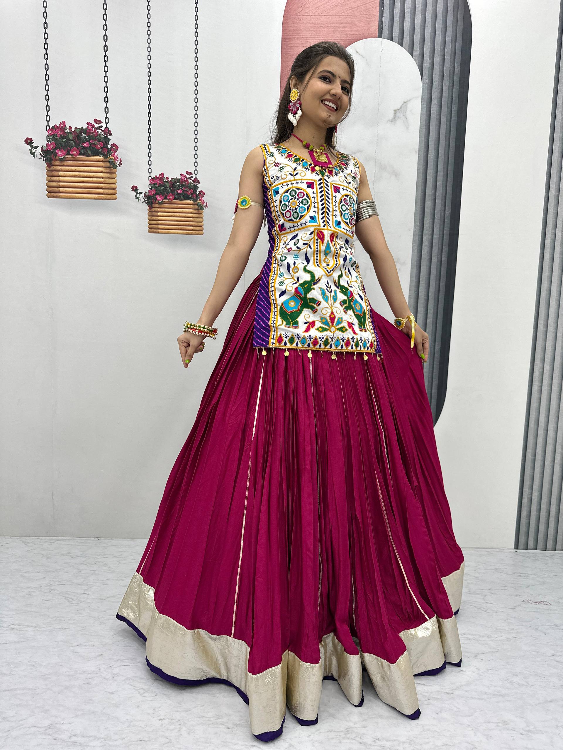 Gamthi With Mirror Work Navratri Wear Wine Color Lehenga Choli