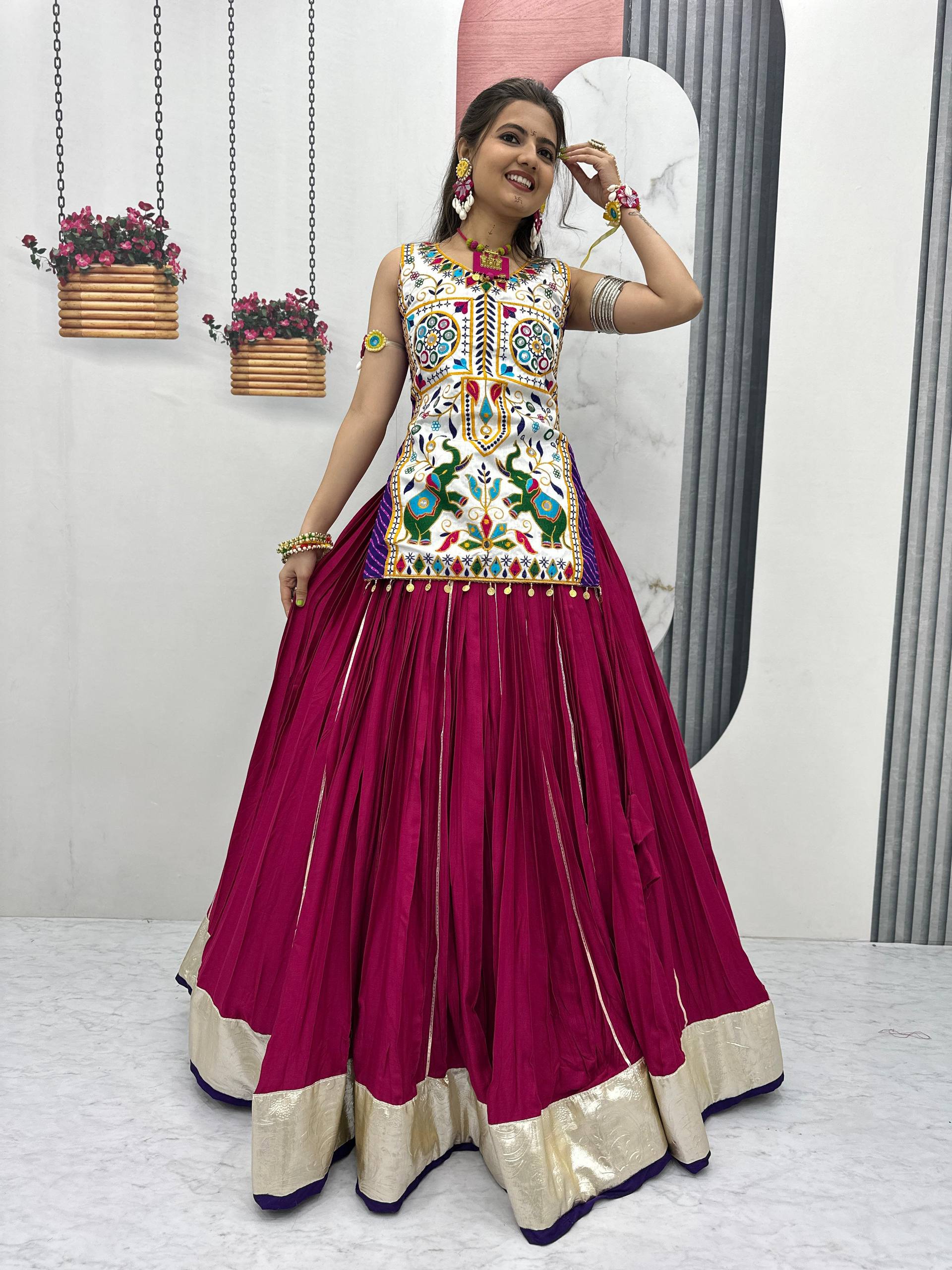 Gamthi With Mirror Work Navratri Wear Wine Color Lehenga Choli
