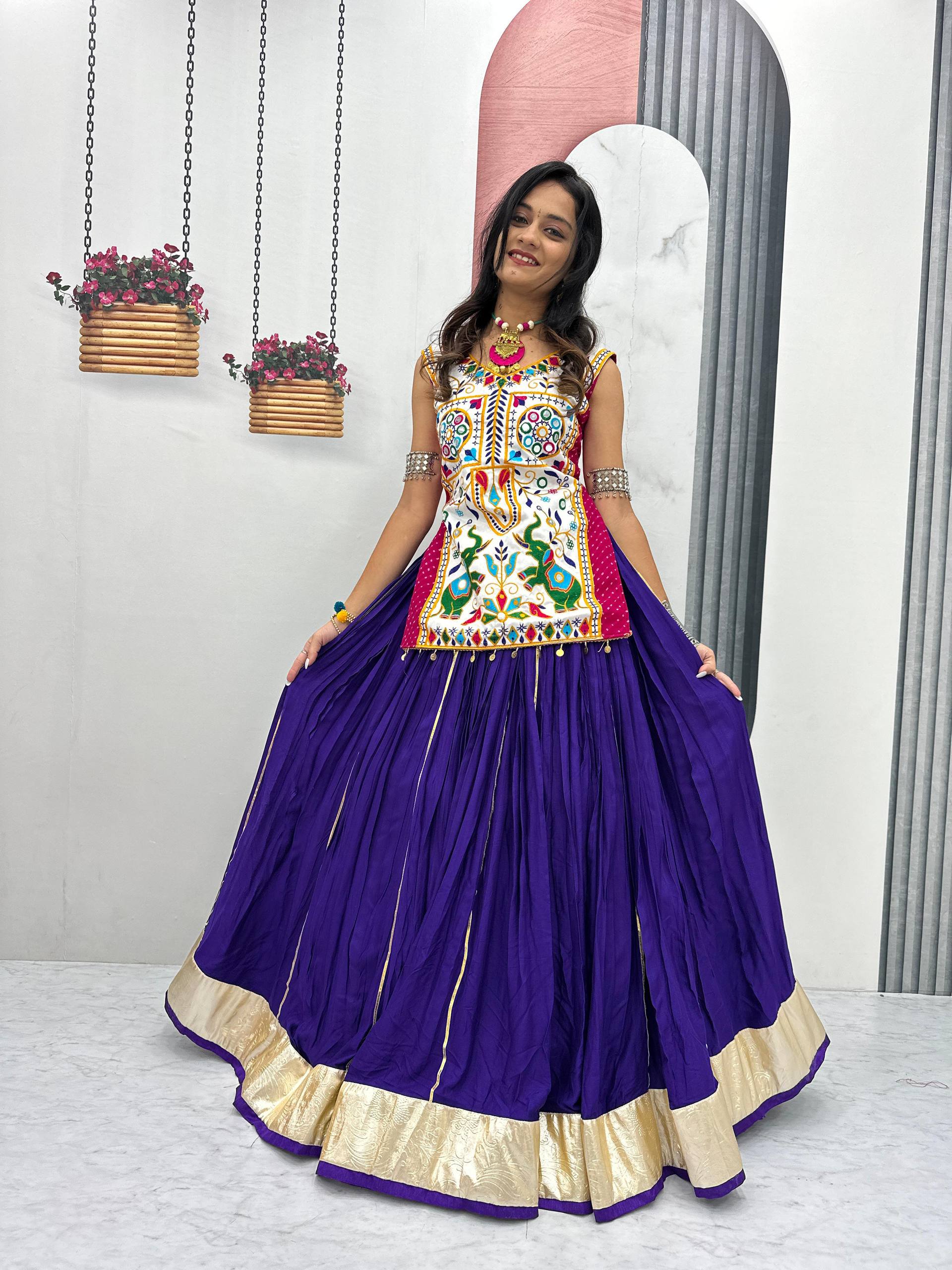 Gamthi With Mirror Work Navratri Wear Purple Color Lehenga Choli