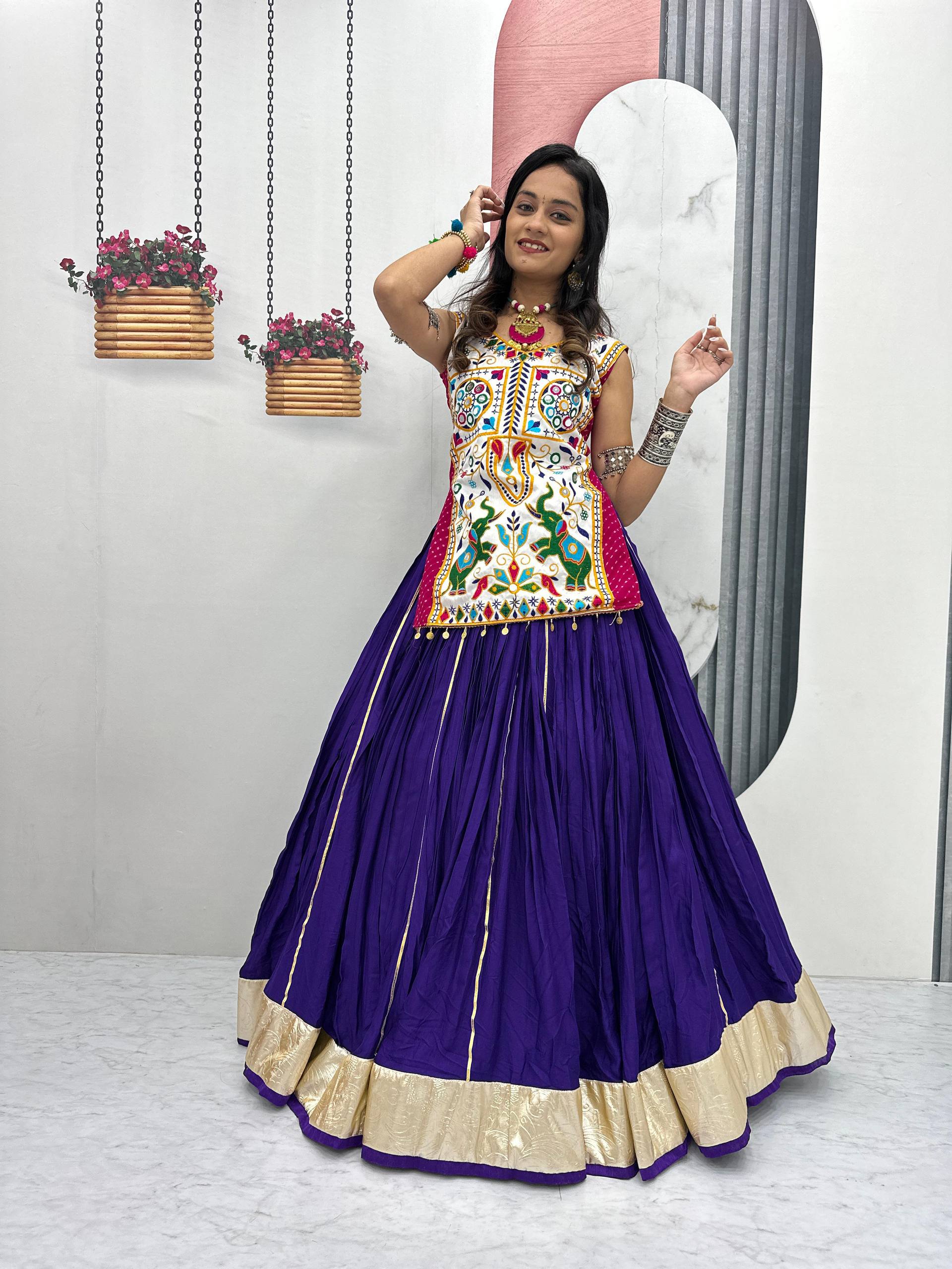 Gamthi With Mirror Work Navratri Wear Purple Color Lehenga Choli