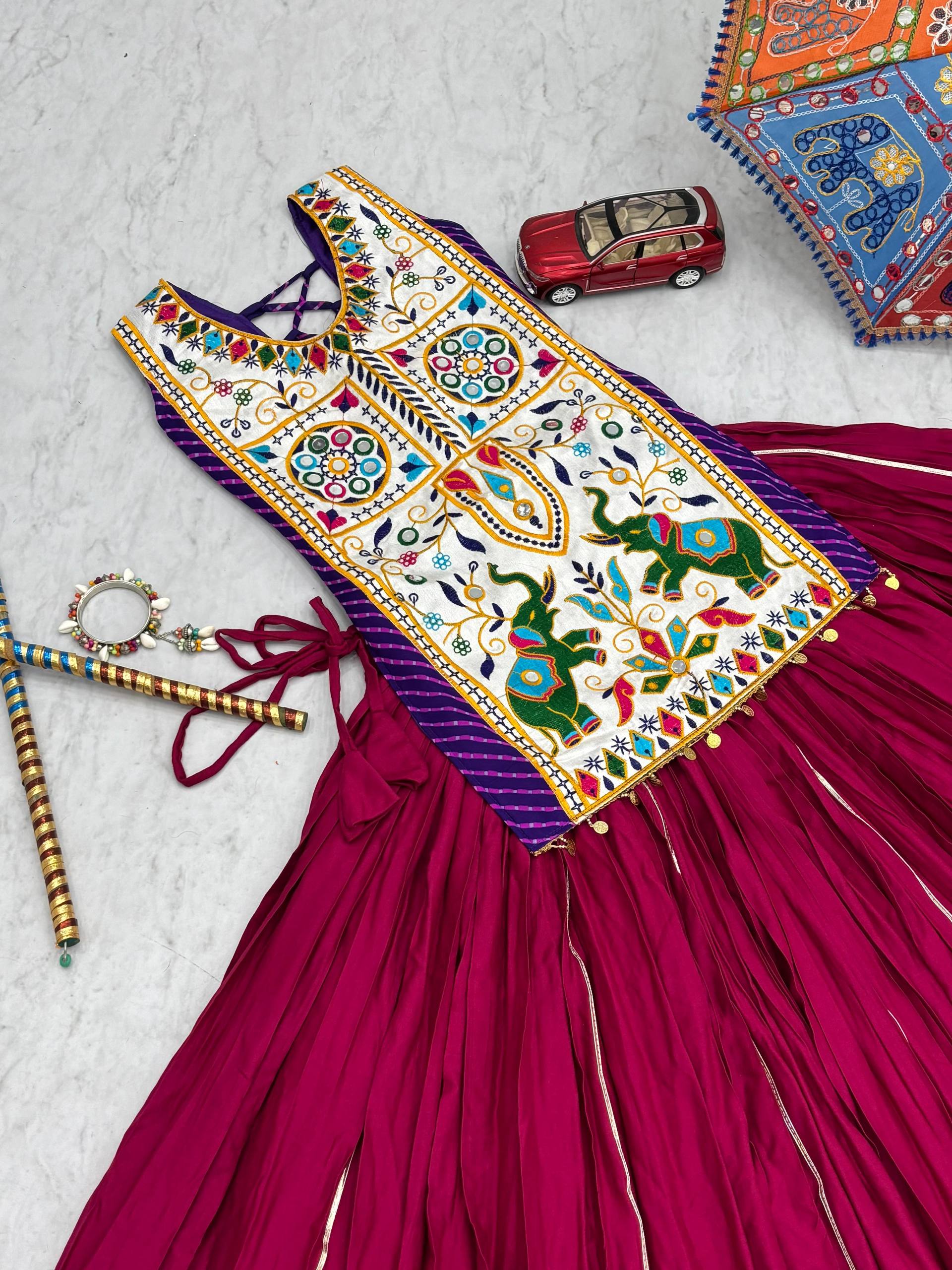 Gamthi With Mirror Work Navratri Wear Wine Color Lehenga Choli