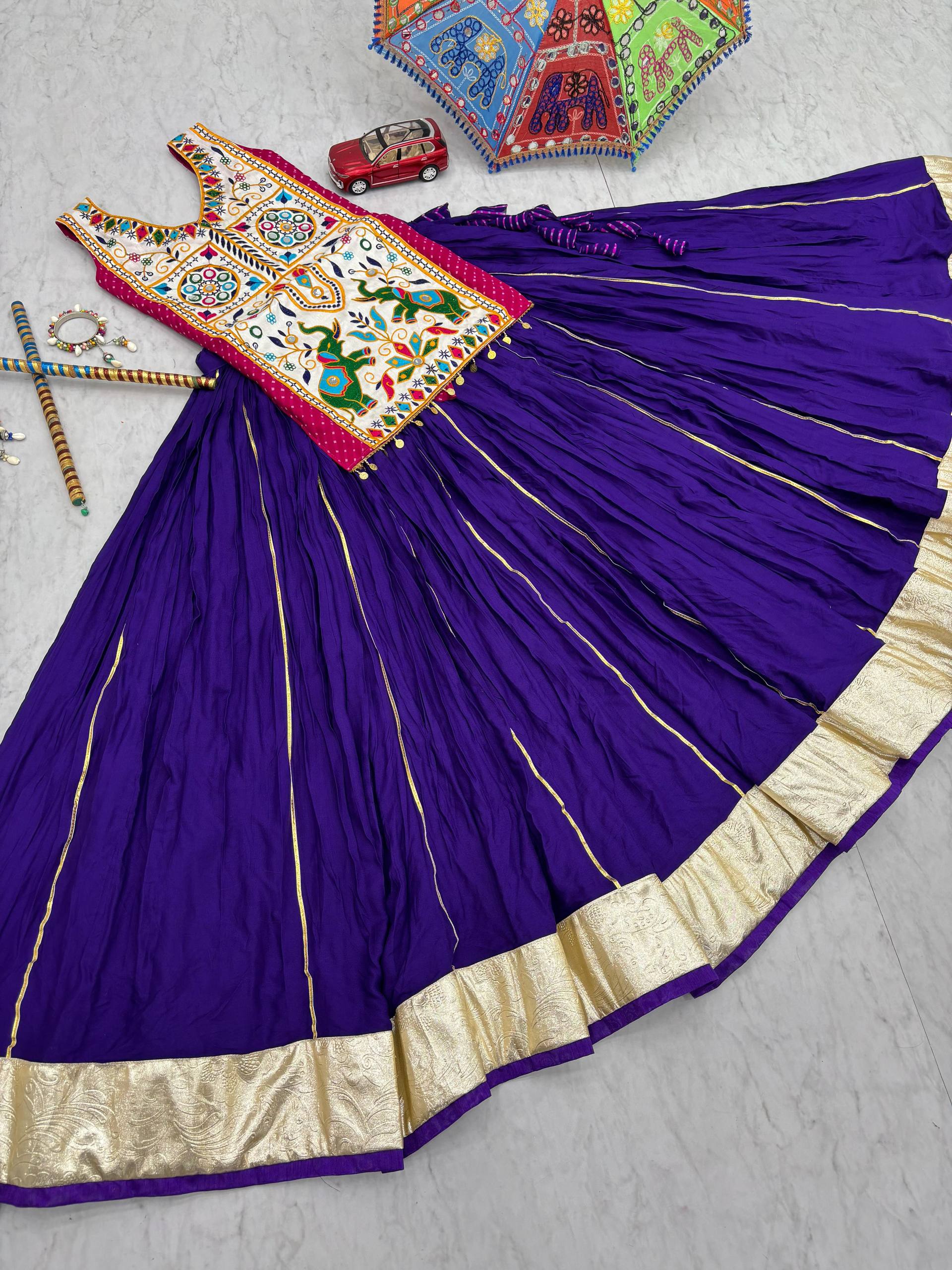 Gamthi With Mirror Work Navratri Wear Purple Color Lehenga Choli