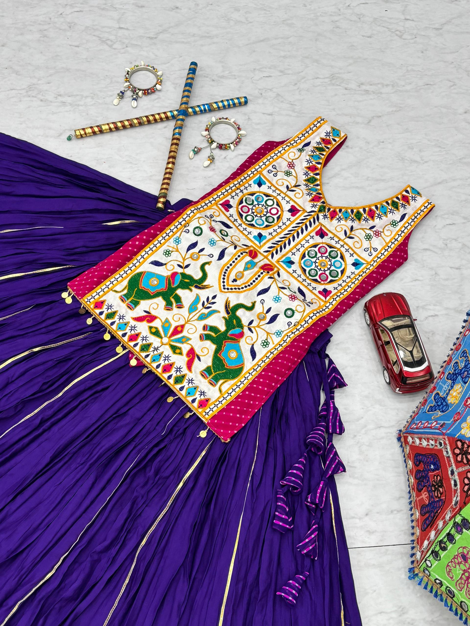 Gamthi With Mirror Work Navratri Wear Purple Color Lehenga Choli