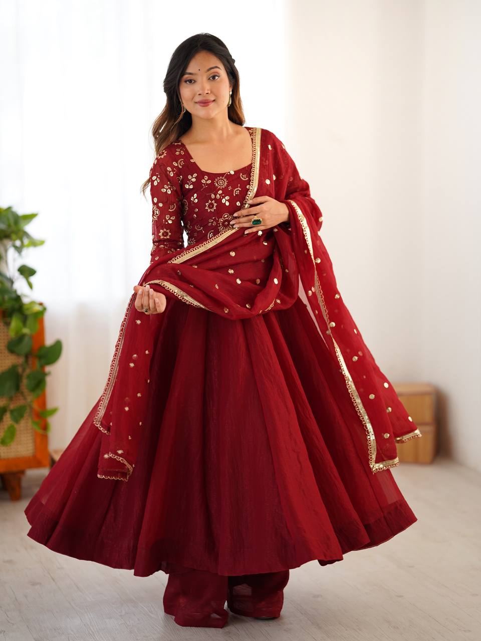 Ravishing Red Silk Embroidery Work Designer Gown