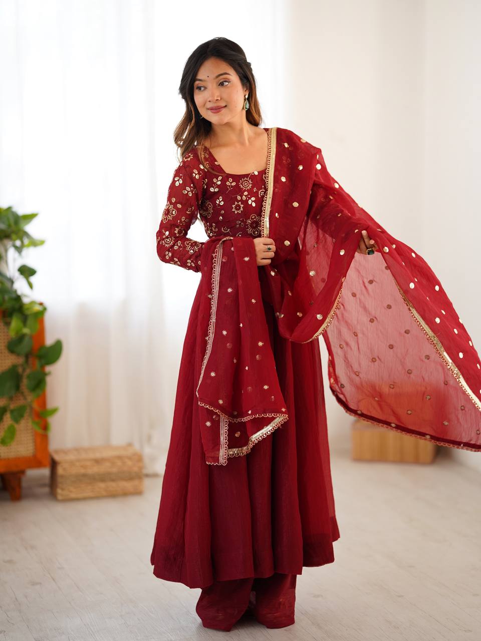 Ravishing Red Silk Embroidery Work Designer Gown