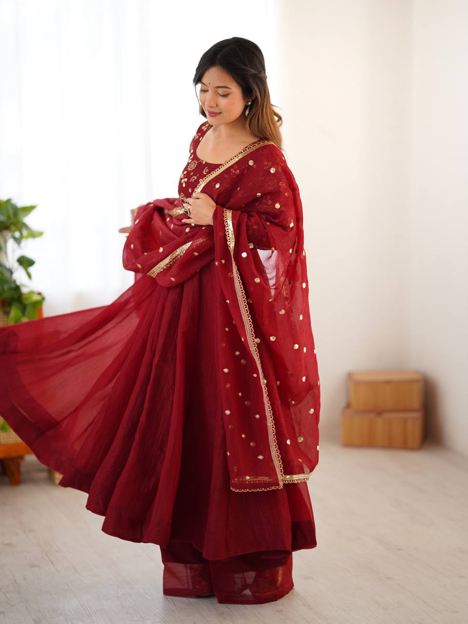 Ravishing Red Silk Embroidery Work Designer Gown