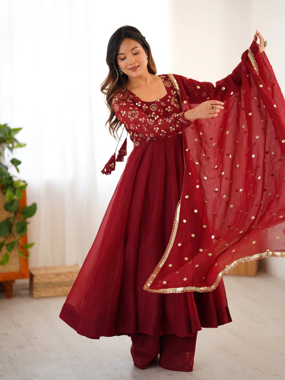 Ravishing Red Silk Embroidery Work Designer Gown