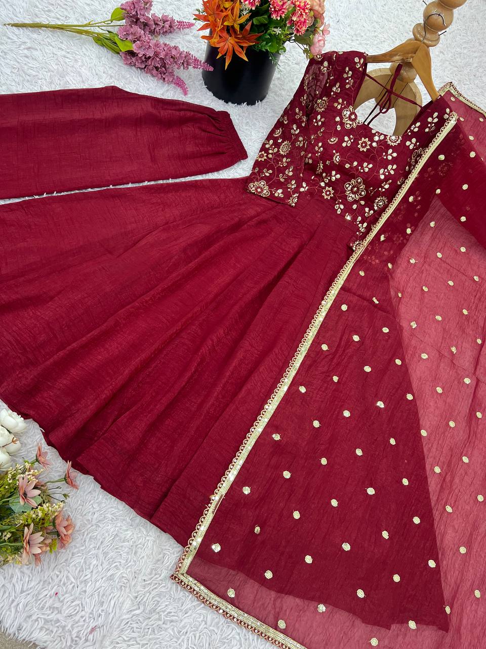 Ravishing Red Silk Embroidery Work Designer Gown