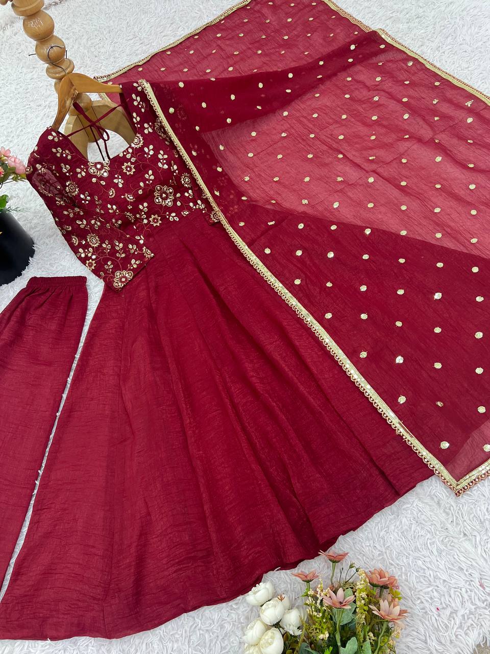 Ravishing Red Silk Embroidery Work Designer Gown