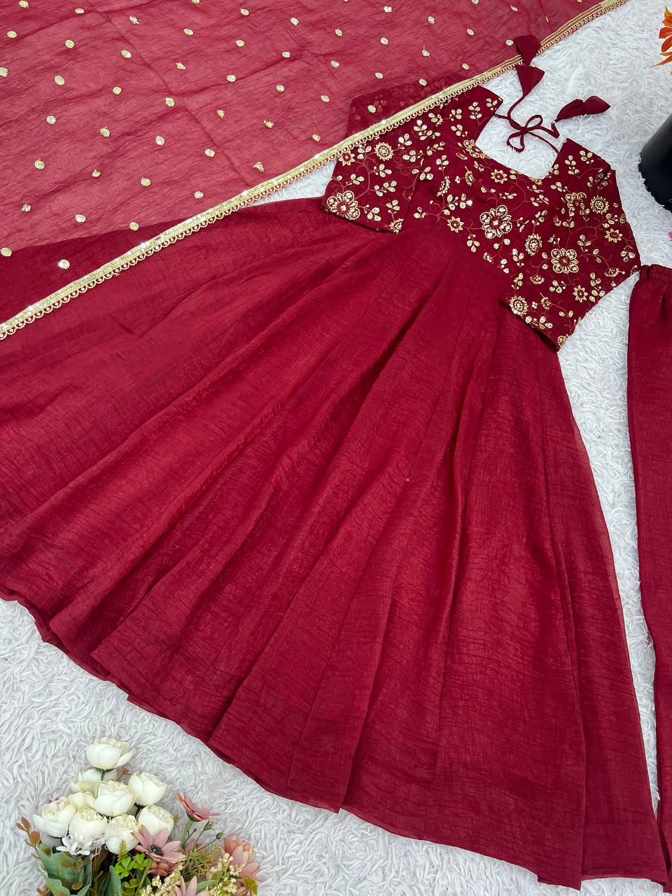 Ravishing Red Silk Embroidery Work Designer Gown