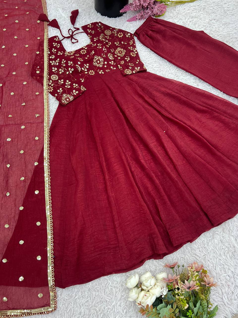 Ravishing Red Silk Embroidery Work Designer Gown