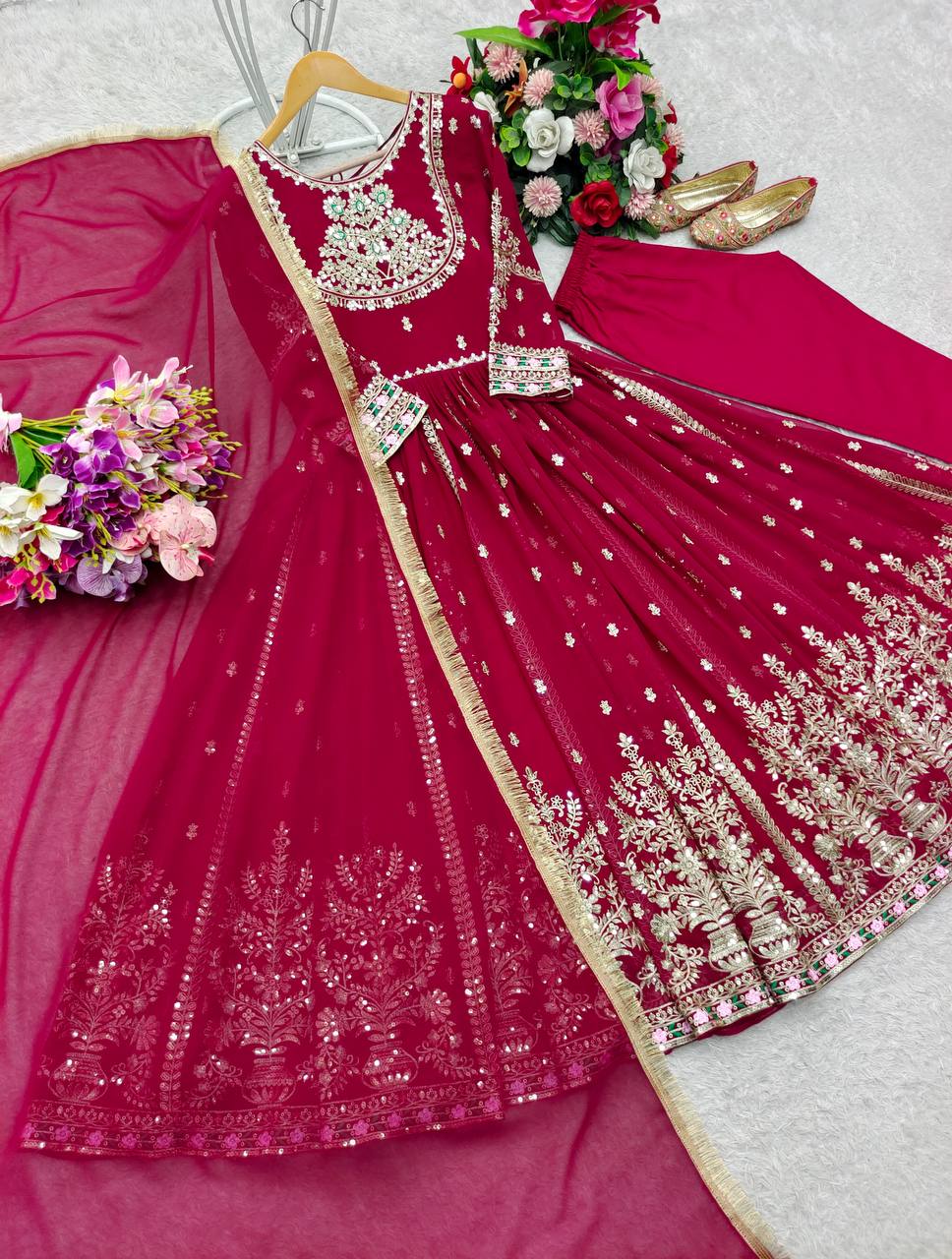 Gorgeous Red Georgette Embroidery Work Gown